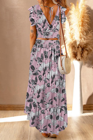 Printed Tie Back Cropped Top and Maxi Skirt Set - SwagglyLife Home & Fashion