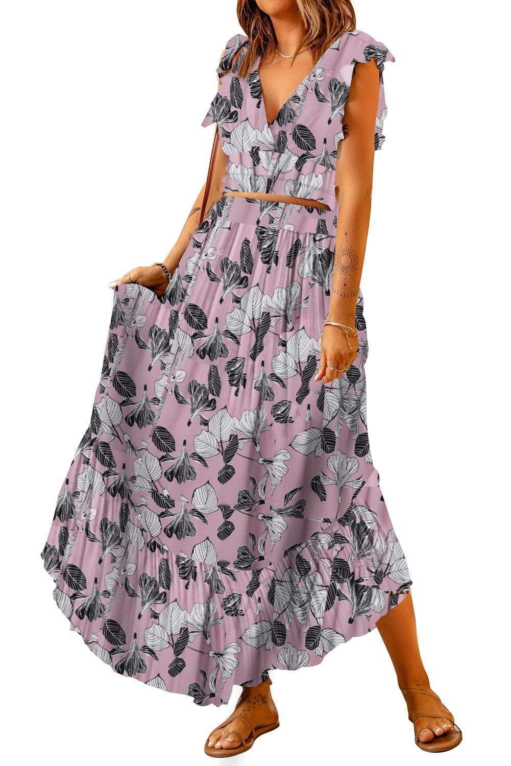 Printed Tie Back Cropped Top and Maxi Skirt Set - SwagglyLife Home & Fashion