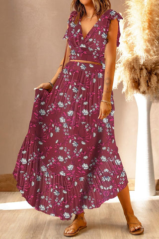 Printed Tie Back Cropped Top and Maxi Skirt Set - SwagglyLife Home & Fashion