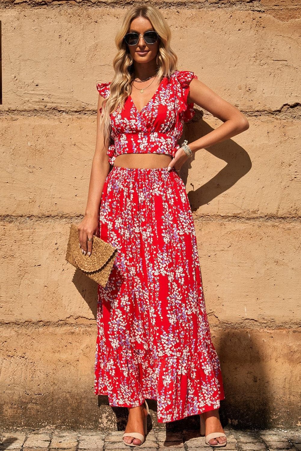 Printed Tie Back Cropped Top and Maxi Skirt Set - SwagglyLife Home & Fashion