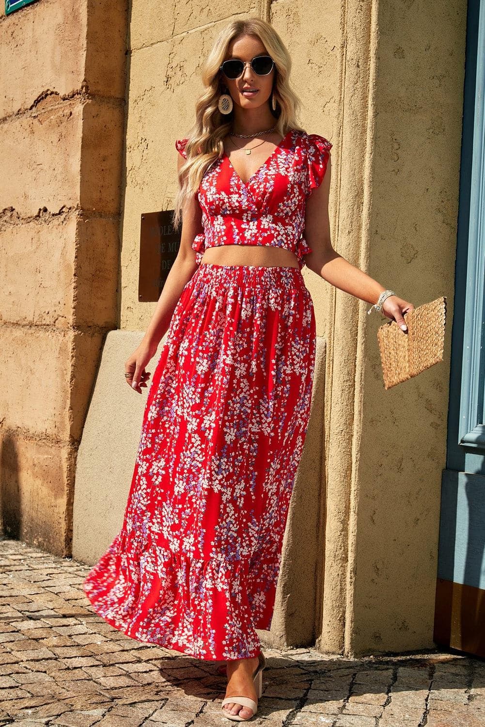 Printed Tie Back Cropped Top and Maxi Skirt Set - SwagglyLife Home & Fashion