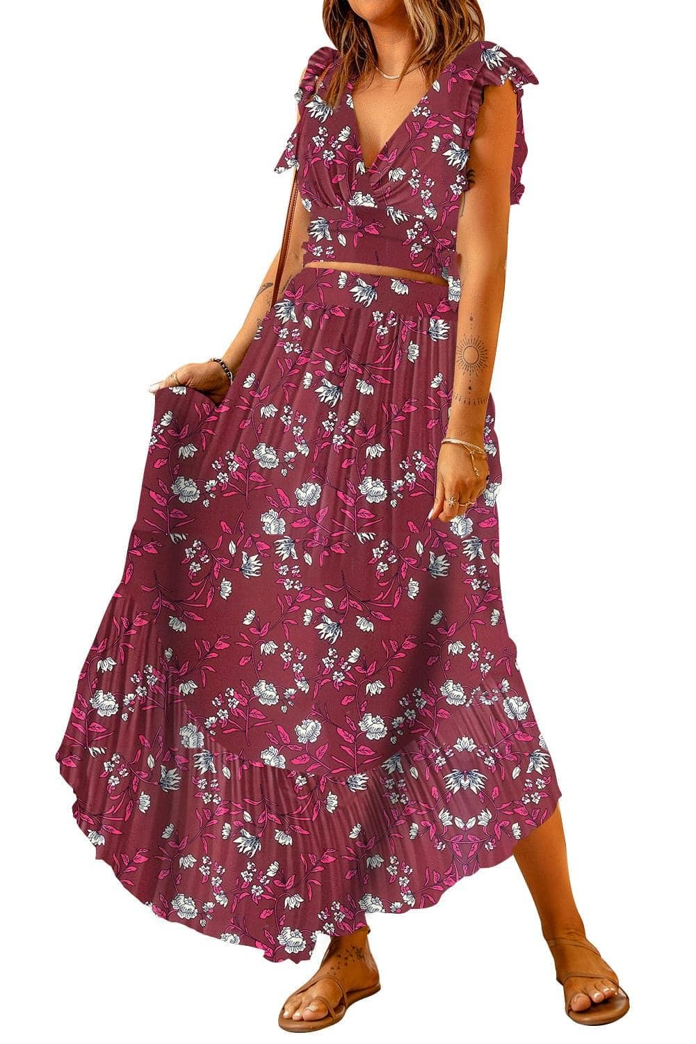 Printed Tie Back Cropped Top and Maxi Skirt Set - SwagglyLife Home & Fashion