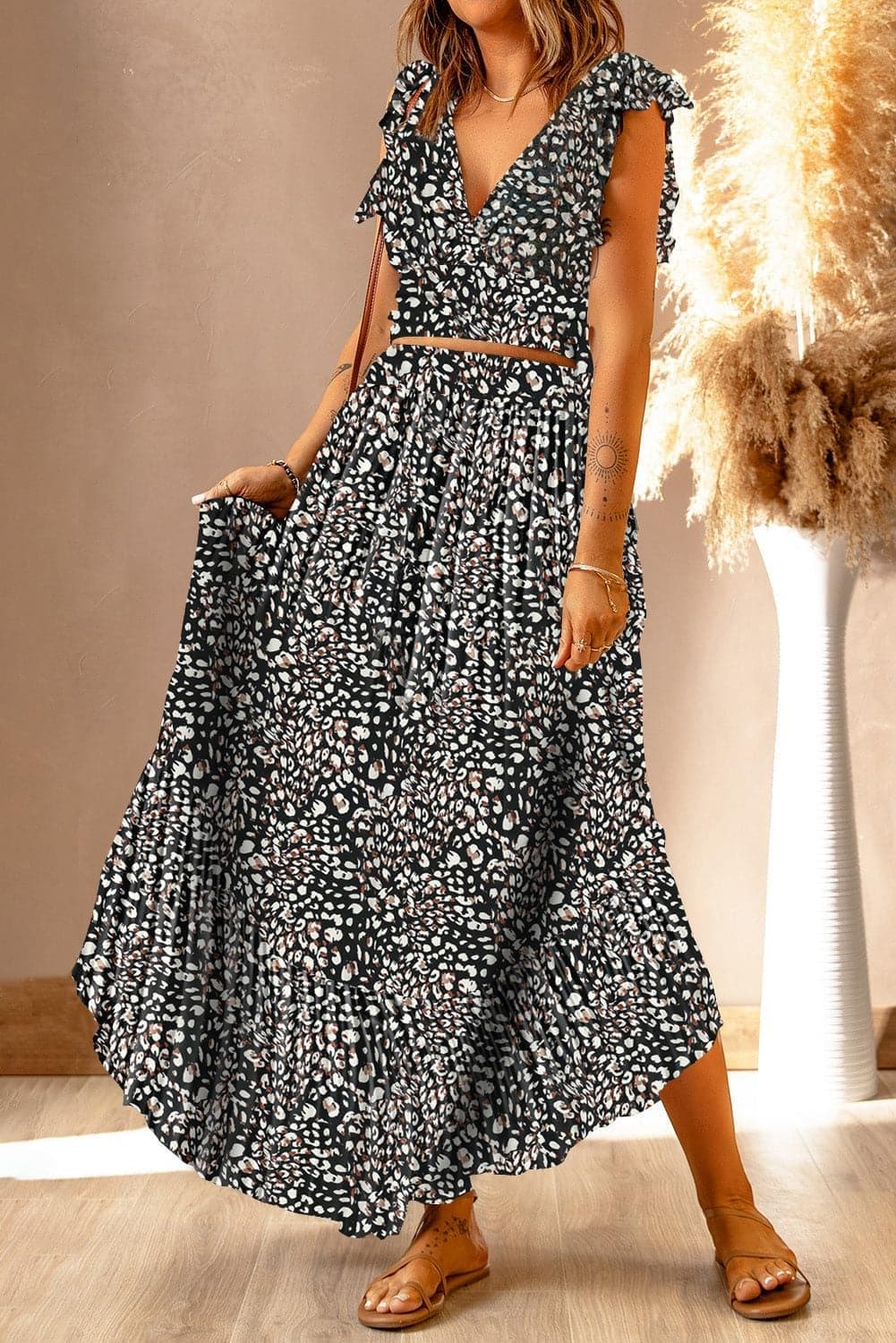 Printed Tie Back Cropped Top and Maxi Skirt Set - SwagglyLife Home & Fashion