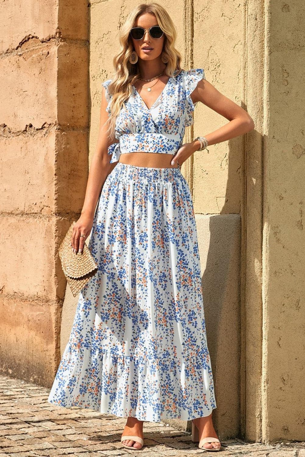 Printed Tie Back Cropped Top and Maxi Skirt Set - SwagglyLife Home & Fashion