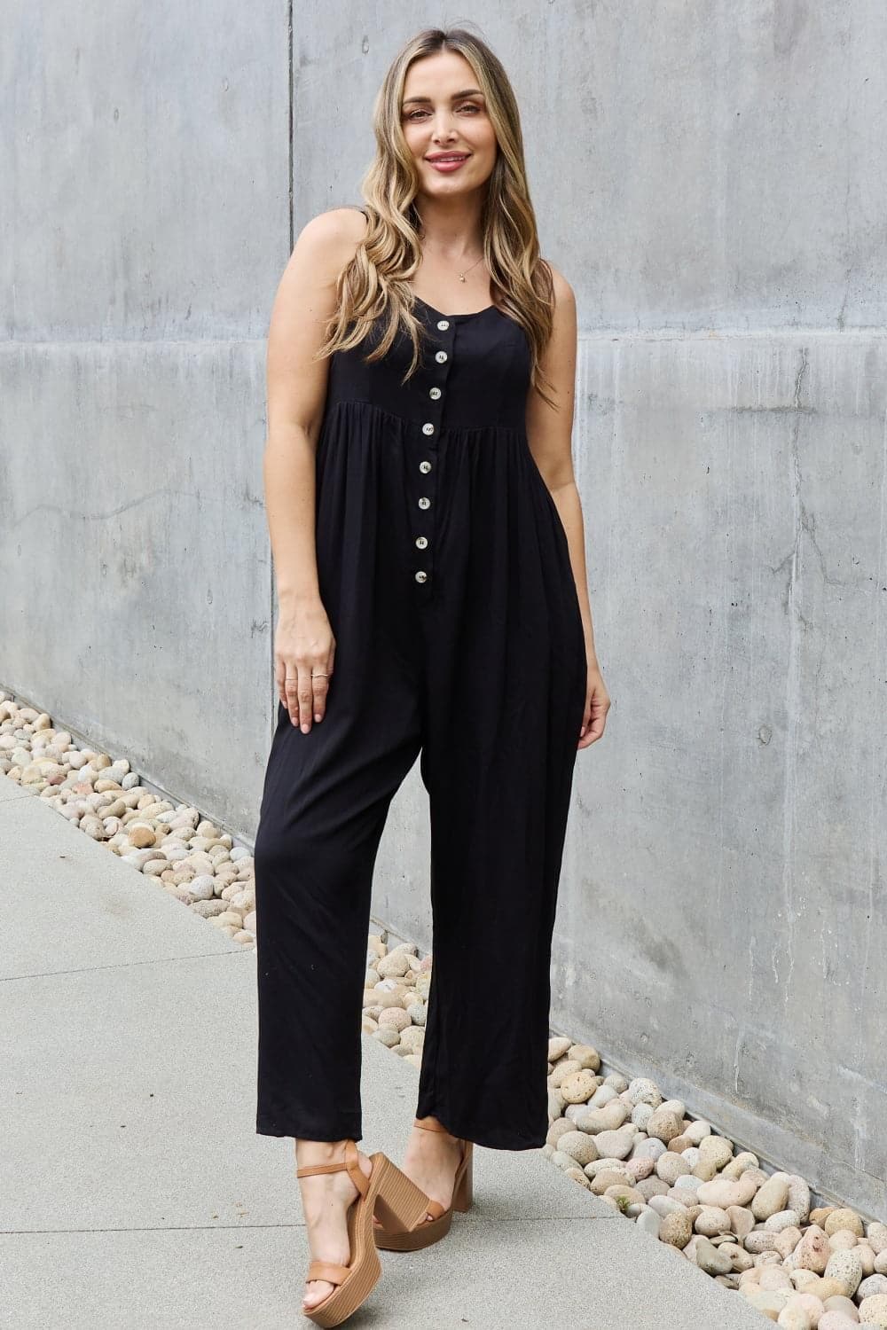 HEYSON All Day Full Size Wide Leg Button Down Jumpsuit in Black - SwagglyLife Home & Fashion