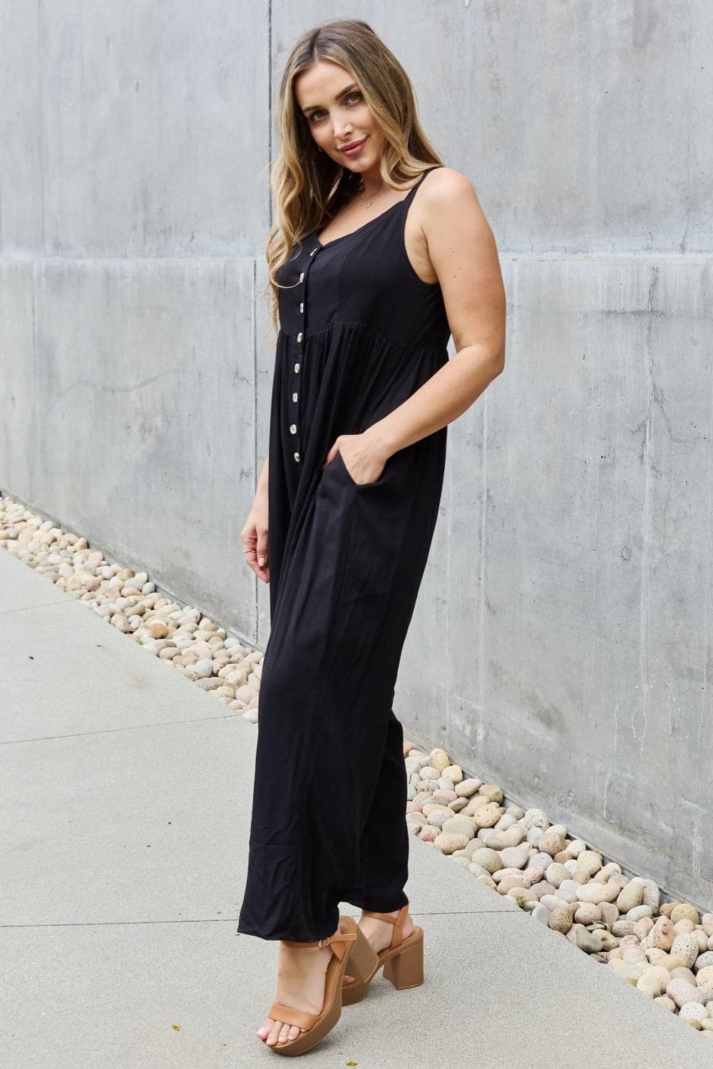 HEYSON All Day Full Size Wide Leg Button Down Jumpsuit in Black - SwagglyLife Home & Fashion