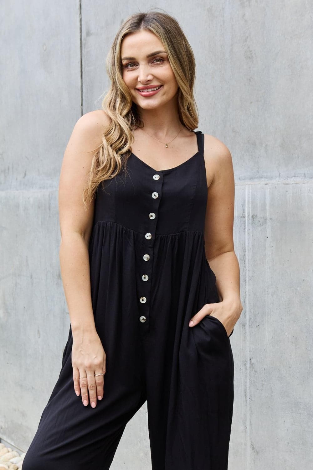 HEYSON All Day Full Size Wide Leg Button Down Jumpsuit in Black - SwagglyLife Home & Fashion