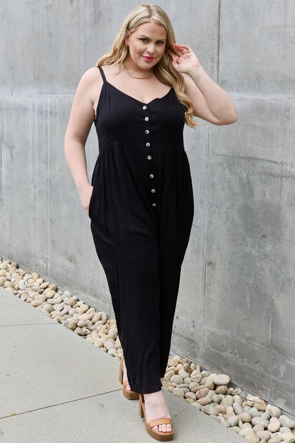 HEYSON All Day Full Size Wide Leg Button Down Jumpsuit in Black - SwagglyLife Home & Fashion