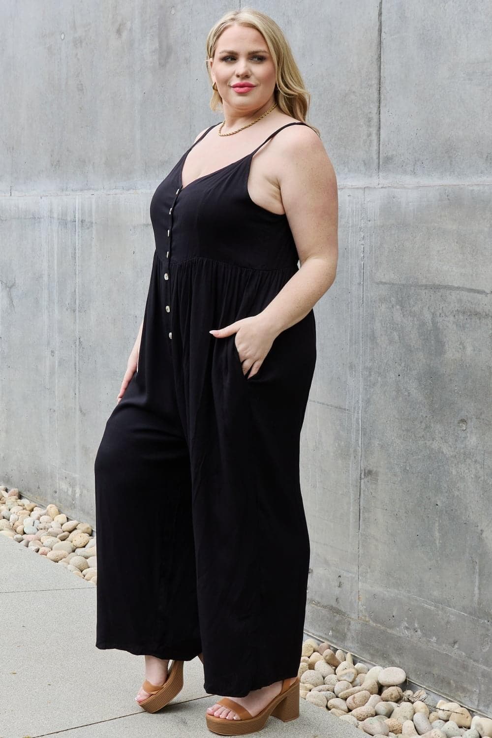 HEYSON All Day Full Size Wide Leg Button Down Jumpsuit in Black - SwagglyLife Home & Fashion