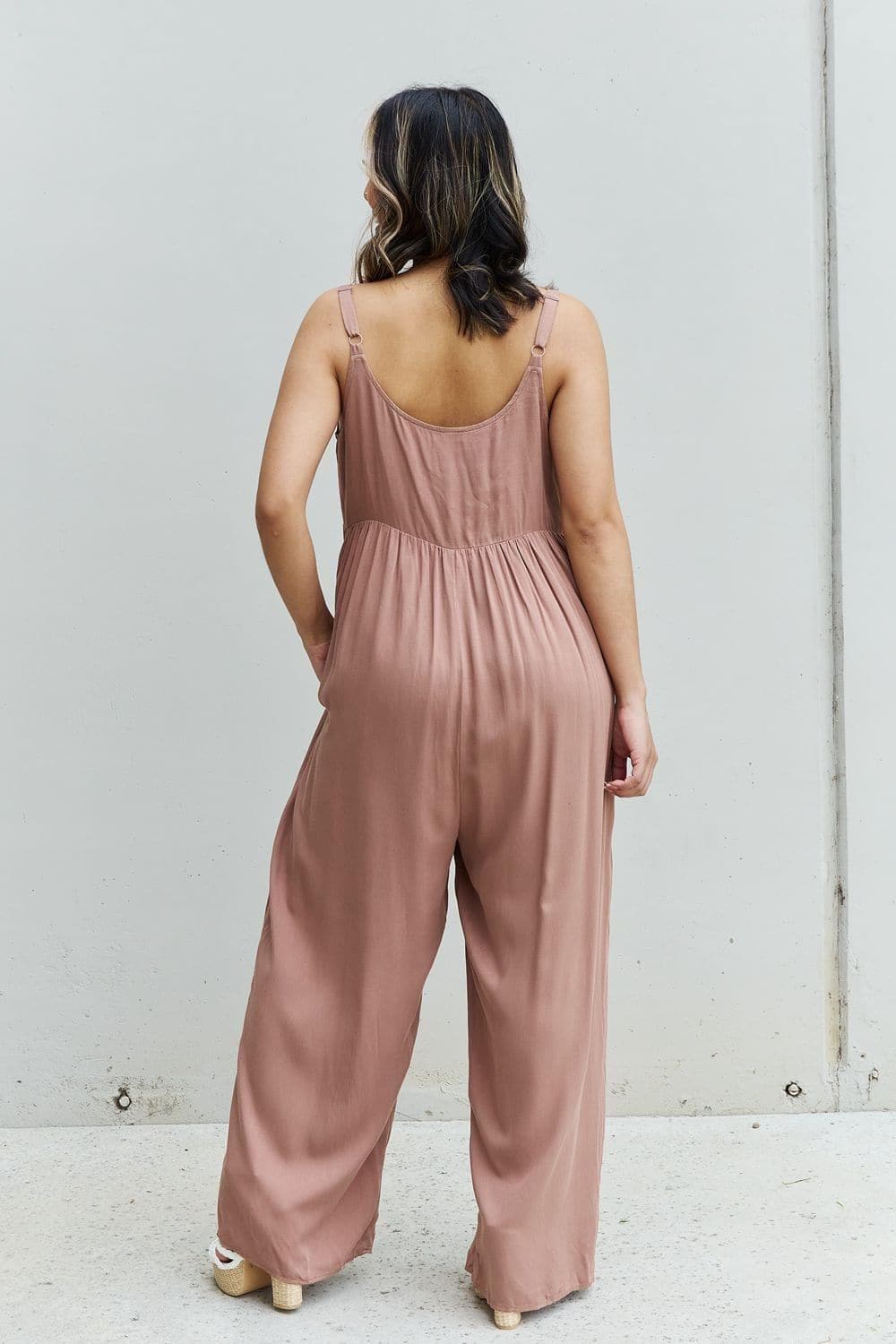 HEYSON All Day Full Size Wide Leg Button Down Jumpsuit in Mocha - SwagglyLife Home & Fashion