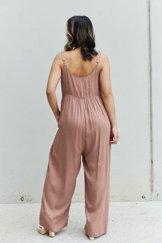 HEYSON All Day Full Size Wide Leg Button Down Jumpsuit in Mocha - SwagglyLife Home & Fashion