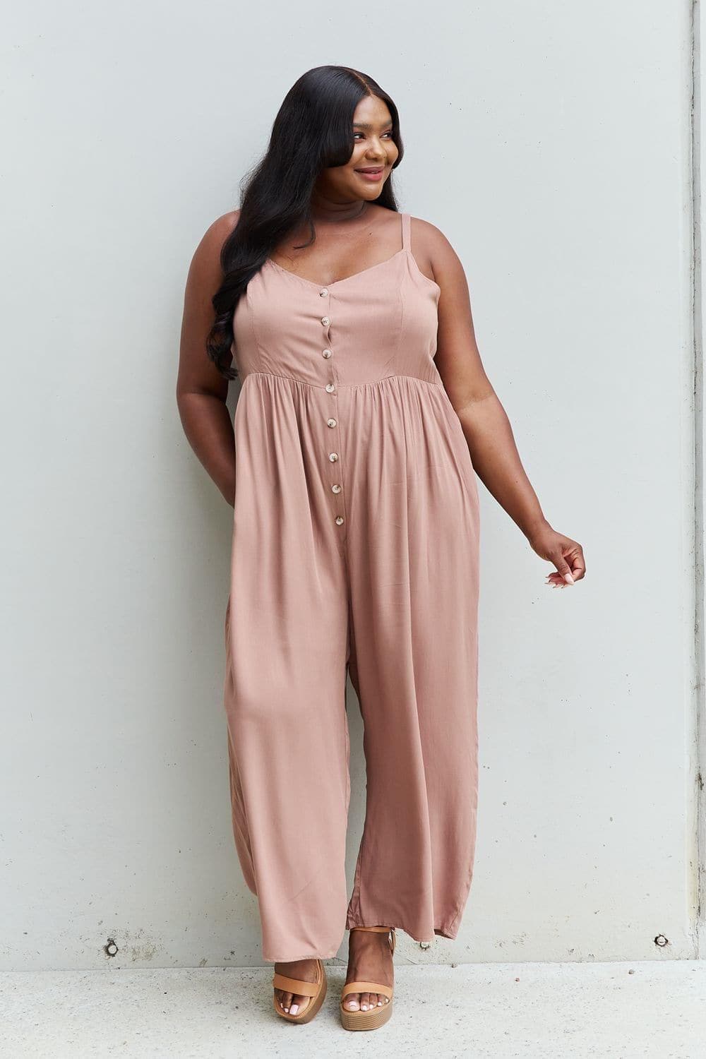 HEYSON All Day Full Size Wide Leg Button Down Jumpsuit in Mocha - SwagglyLife Home & Fashion