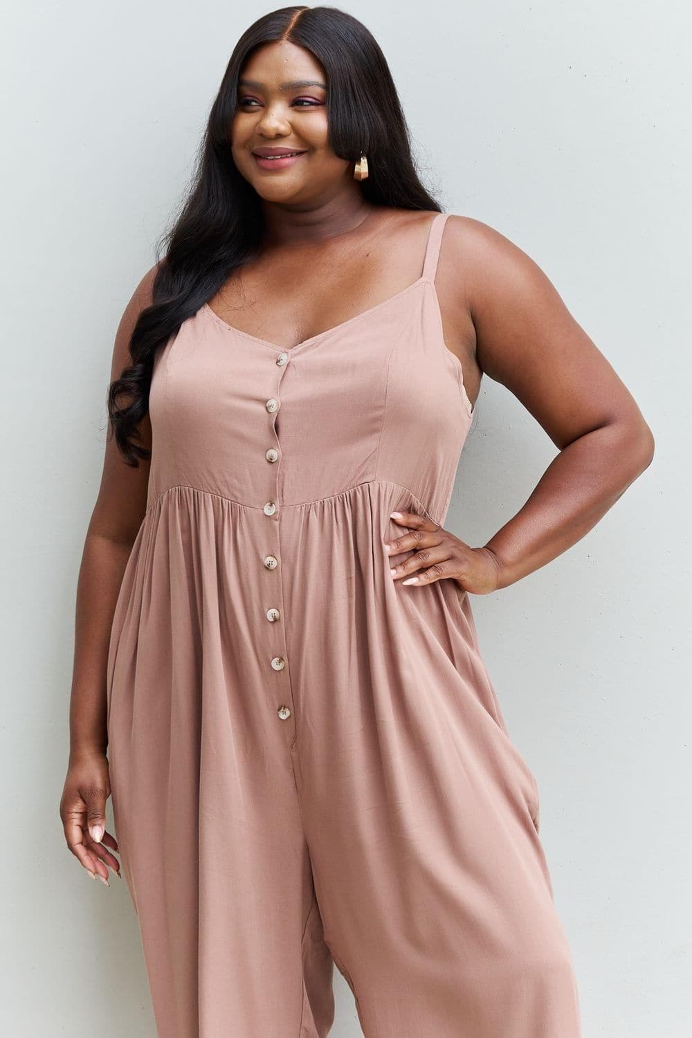 HEYSON All Day Full Size Wide Leg Button Down Jumpsuit in Mocha - SwagglyLife Home & Fashion