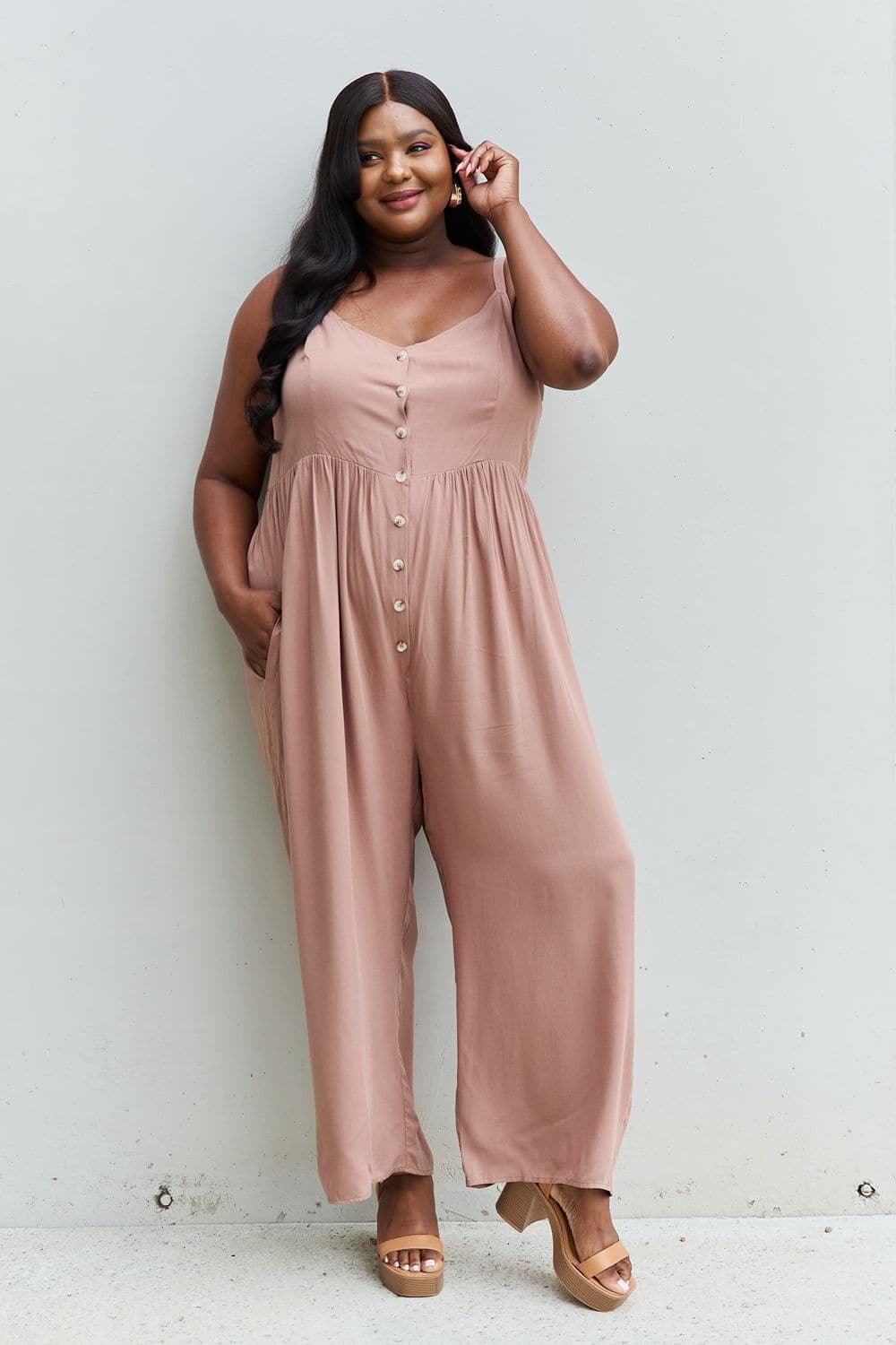HEYSON All Day Full Size Wide Leg Button Down Jumpsuit in Mocha - SwagglyLife Home & Fashion