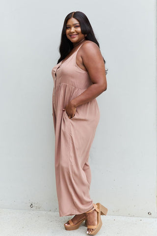 HEYSON All Day Full Size Wide Leg Button Down Jumpsuit in Mocha - SwagglyLife Home & Fashion