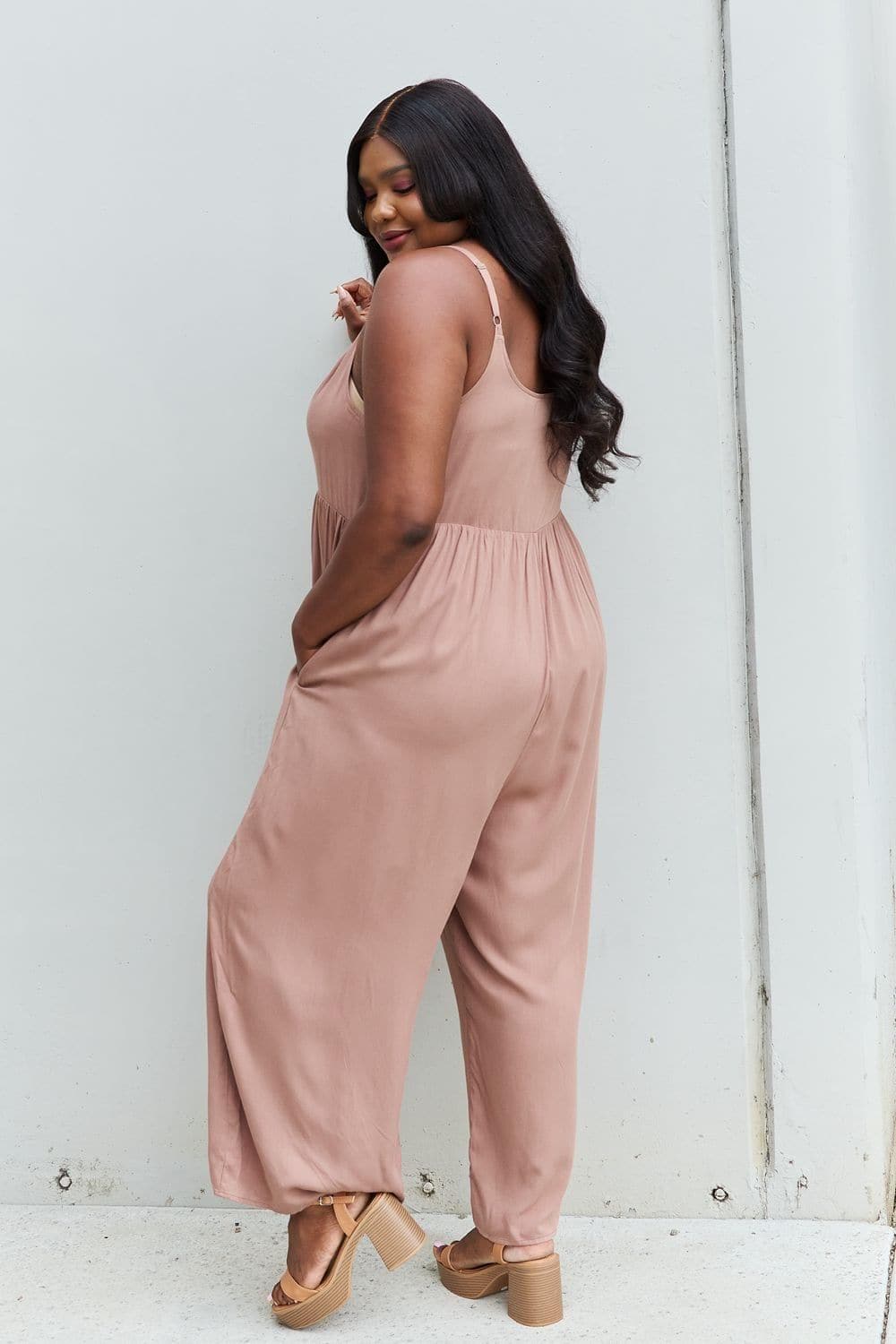 HEYSON All Day Full Size Wide Leg Button Down Jumpsuit in Mocha - SwagglyLife Home & Fashion