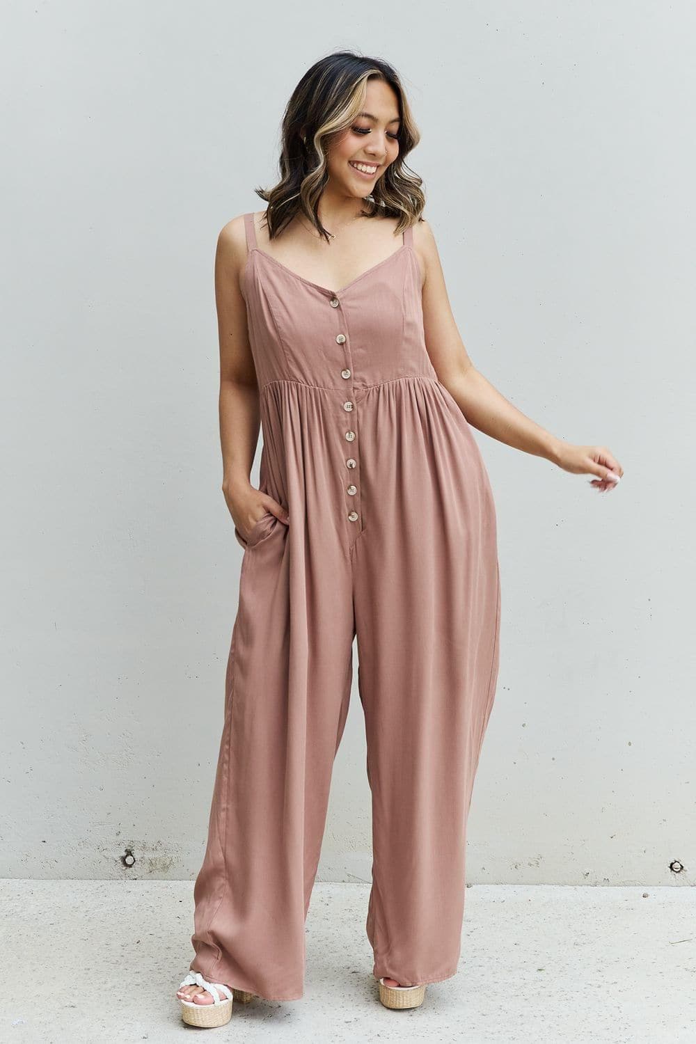 HEYSON All Day Full Size Wide Leg Button Down Jumpsuit in Mocha - SwagglyLife Home & Fashion