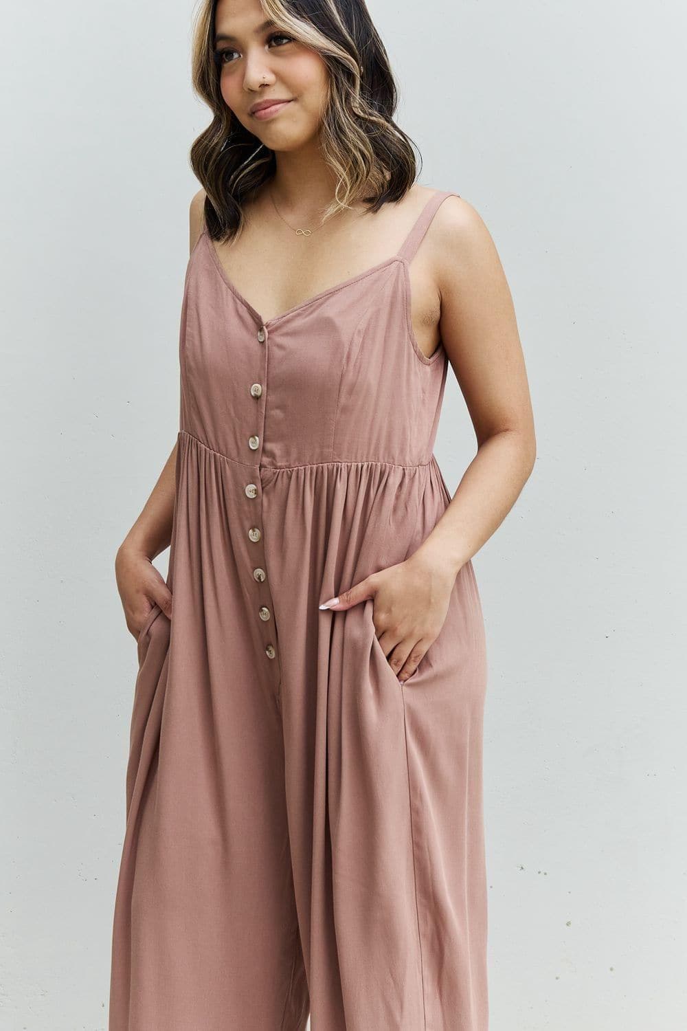 HEYSON All Day Full Size Wide Leg Button Down Jumpsuit in Mocha - SwagglyLife Home & Fashion