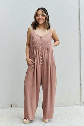 HEYSON All Day Full Size Wide Leg Button Down Jumpsuit in Mocha - SwagglyLife Home & Fashion