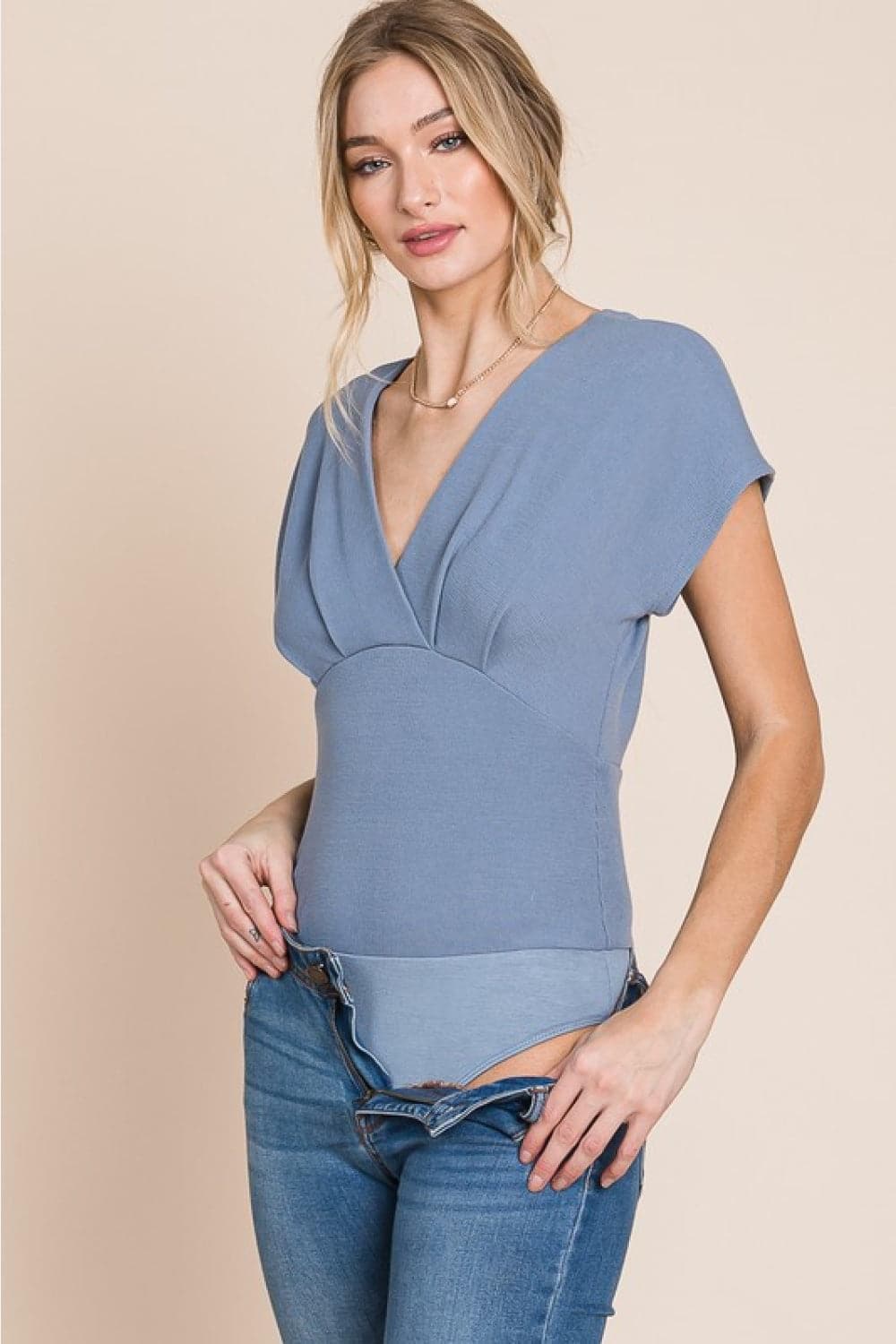 HEYSON Flatter Me Thermal V-Neck Bodysuit, Misty Blue - SwagglyLife Home & Fashion