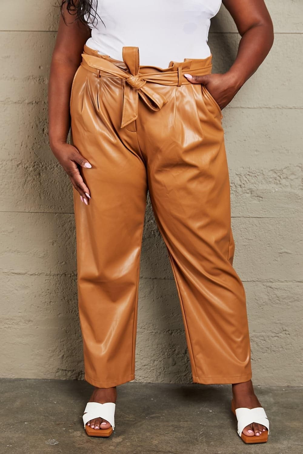 HEYSON Powerful You Full Size Faux Leather Paperbag Waist Pants, Ochre - SwagglyLife Home & Fashion