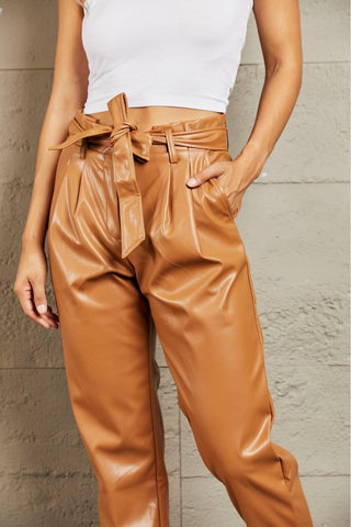 HEYSON Powerful You Full Size Faux Leather Paperbag Waist Pants, Ochre - SwagglyLife Home & Fashion