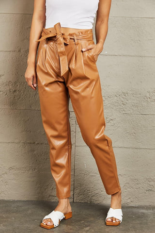 HEYSON Powerful You Full Size Faux Leather Paperbag Waist Pants, Ochre - SwagglyLife Home & Fashion