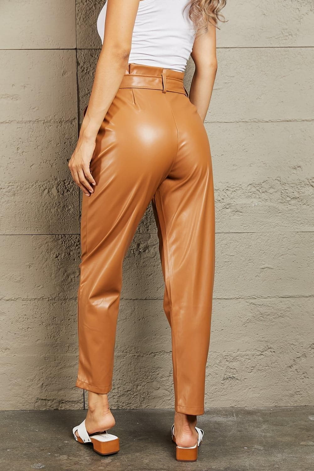 HEYSON Powerful You Full Size Faux Leather Paperbag Waist Pants, Ochre - SwagglyLife Home & Fashion