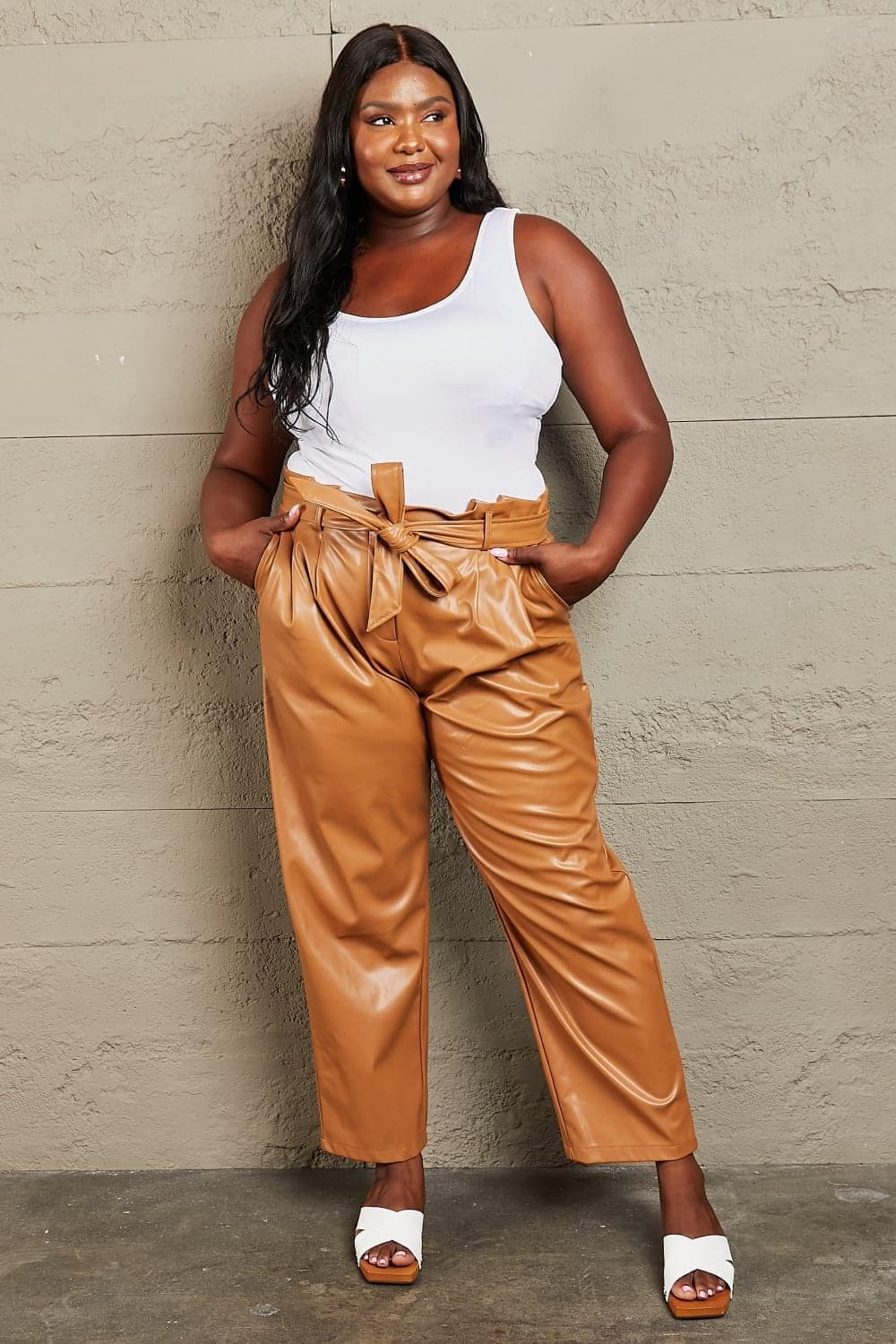 HEYSON Powerful You Full Size Faux Leather Paperbag Waist Pants, Ochre - SwagglyLife Home & Fashion