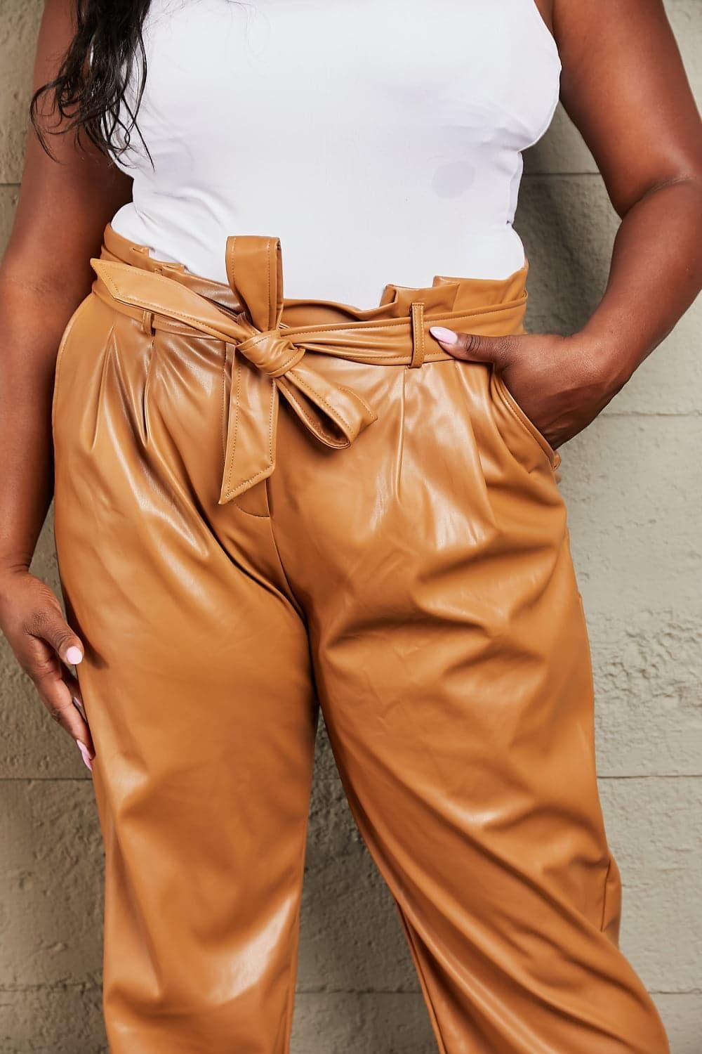 HEYSON Powerful You Full Size Faux Leather Paperbag Waist Pants, Ochre - SwagglyLife Home & Fashion