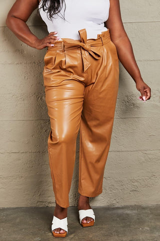 HEYSON Powerful You Full Size Faux Leather Paperbag Waist Pants, Ochre - SwagglyLife Home & Fashion