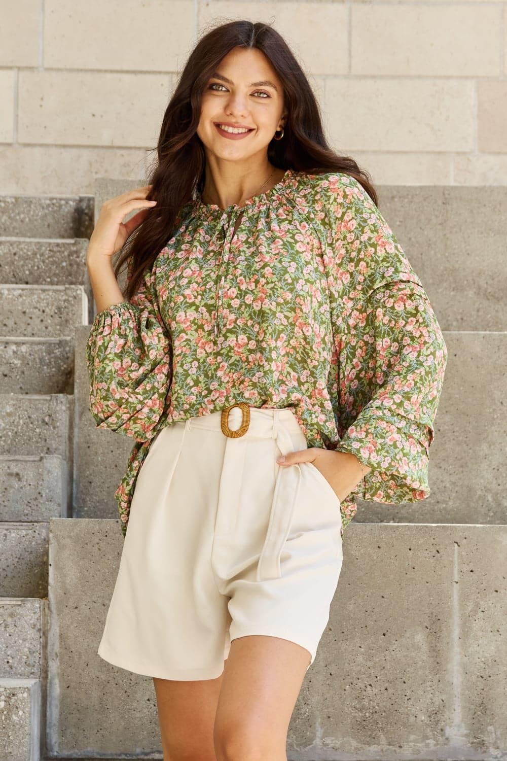 HEYSON She's Blossoming Full Size Balloon Sleeve Floral Blouse - SwagglyLife Home & Fashion