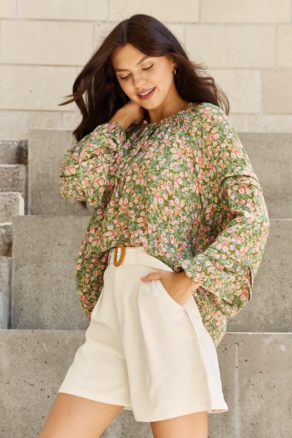 HEYSON She's Blossoming Full Size Balloon Sleeve Floral Blouse - SwagglyLife Home & Fashion
