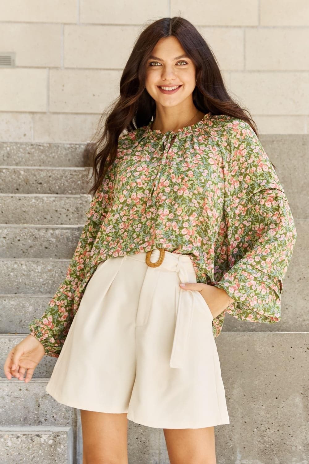 HEYSON She's Blossoming Full Size Balloon Sleeve Floral Blouse - SwagglyLife Home & Fashion