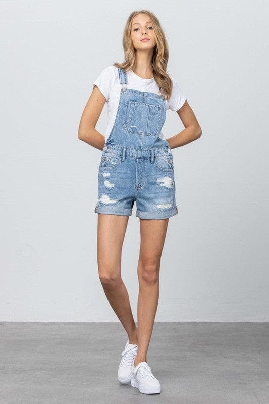 High Rise Roll Up Denim Overall Romper - SwagglyLife Home & Fashion