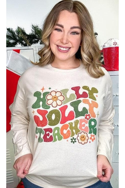 Holly Jolly Teacher Graphic BF Long Sleeve T-Shirt - SwagglyLife Home & Fashion