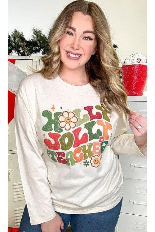 Holly Jolly Teacher Graphic BF Long Sleeve T-Shirt - SwagglyLife Home & Fashion