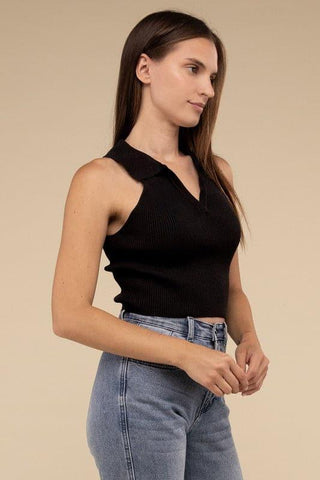 HYFVE Sleeveless Collared Crop Knit Top - SwagglyLife Home & Fashion