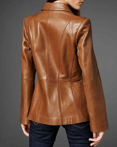 Brown 100% Real Leather Korean Style Slim Fit Women's Blazer