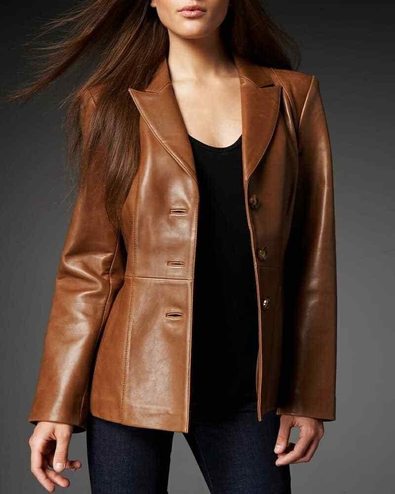 Brown 100% Real Leather Korean Style Slim Fit Women's Blazer