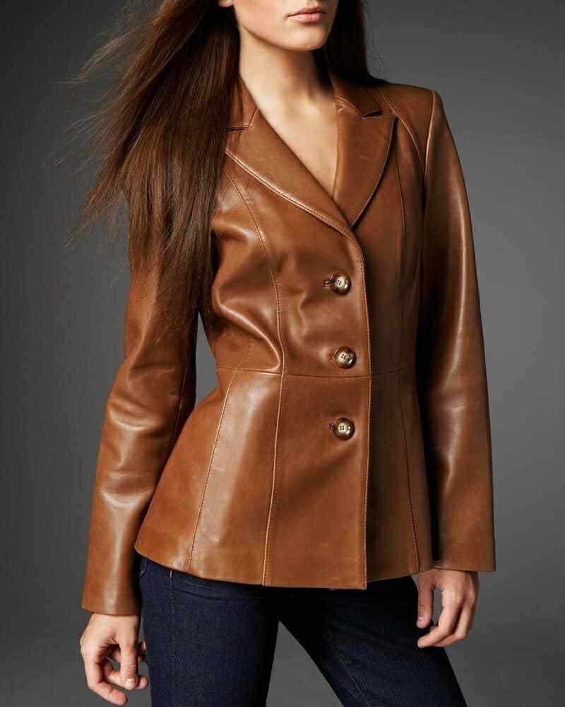 Brown 100% Real Leather Korean Style Slim Fit Women's Blazer