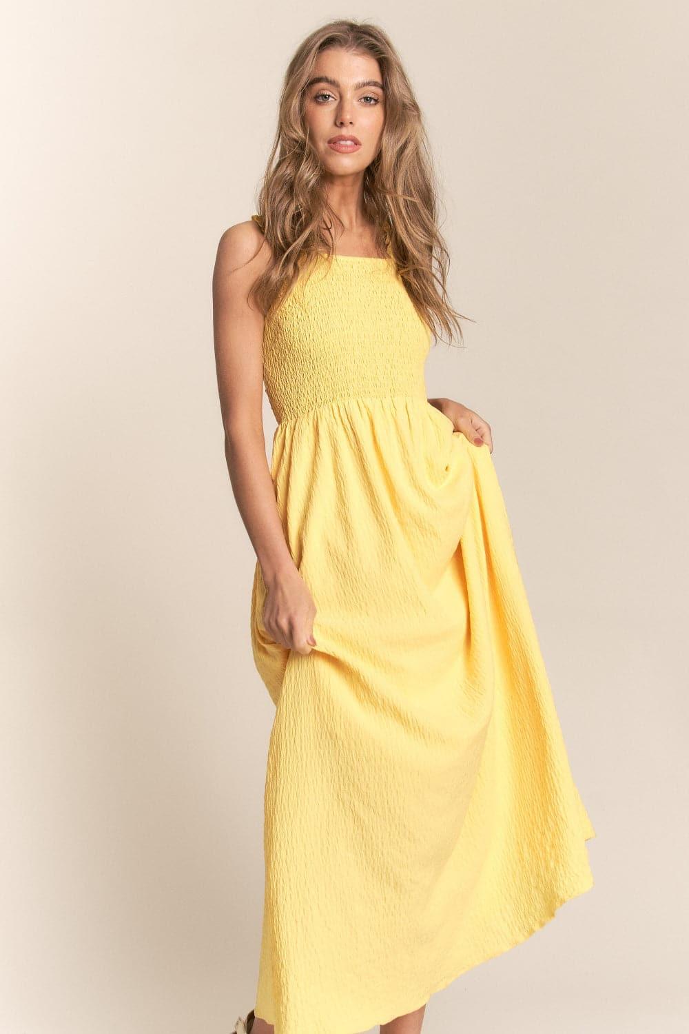 J.NNA Texture Crisscross Back Tie Smocked Maxi Dress - SwagglyLife Home & Fashion