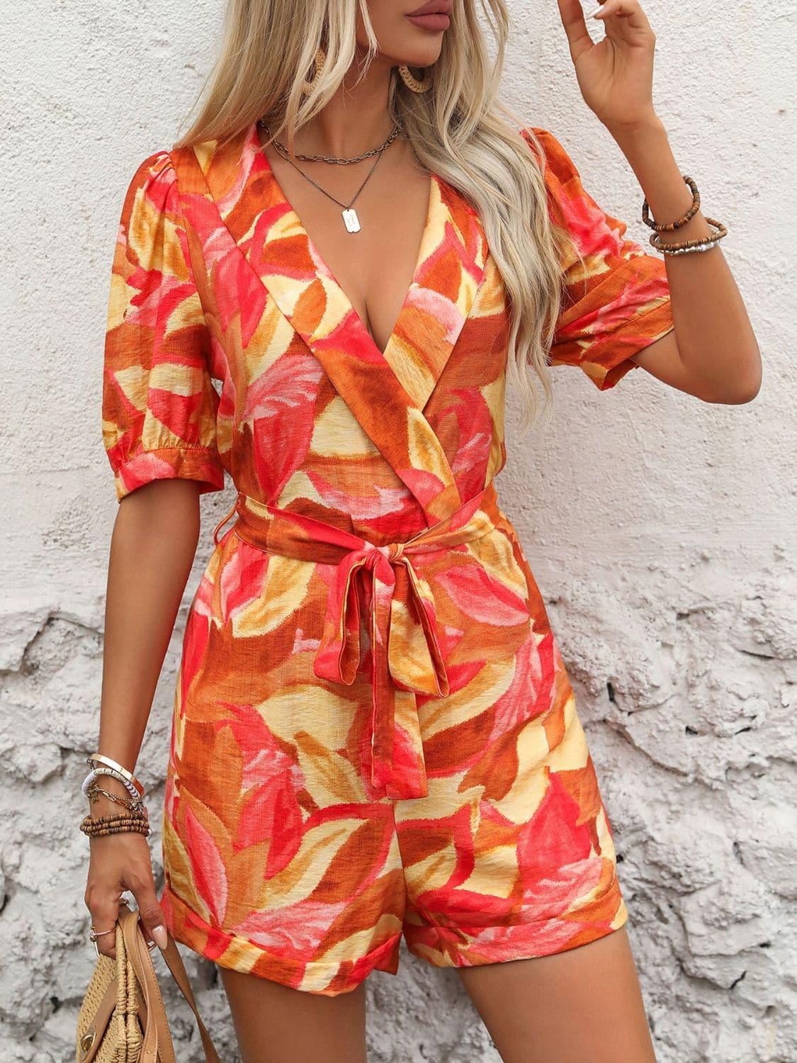 Jenna Printed Surplice Half Sleeve Romper - SwagglyLife Home & Fashion