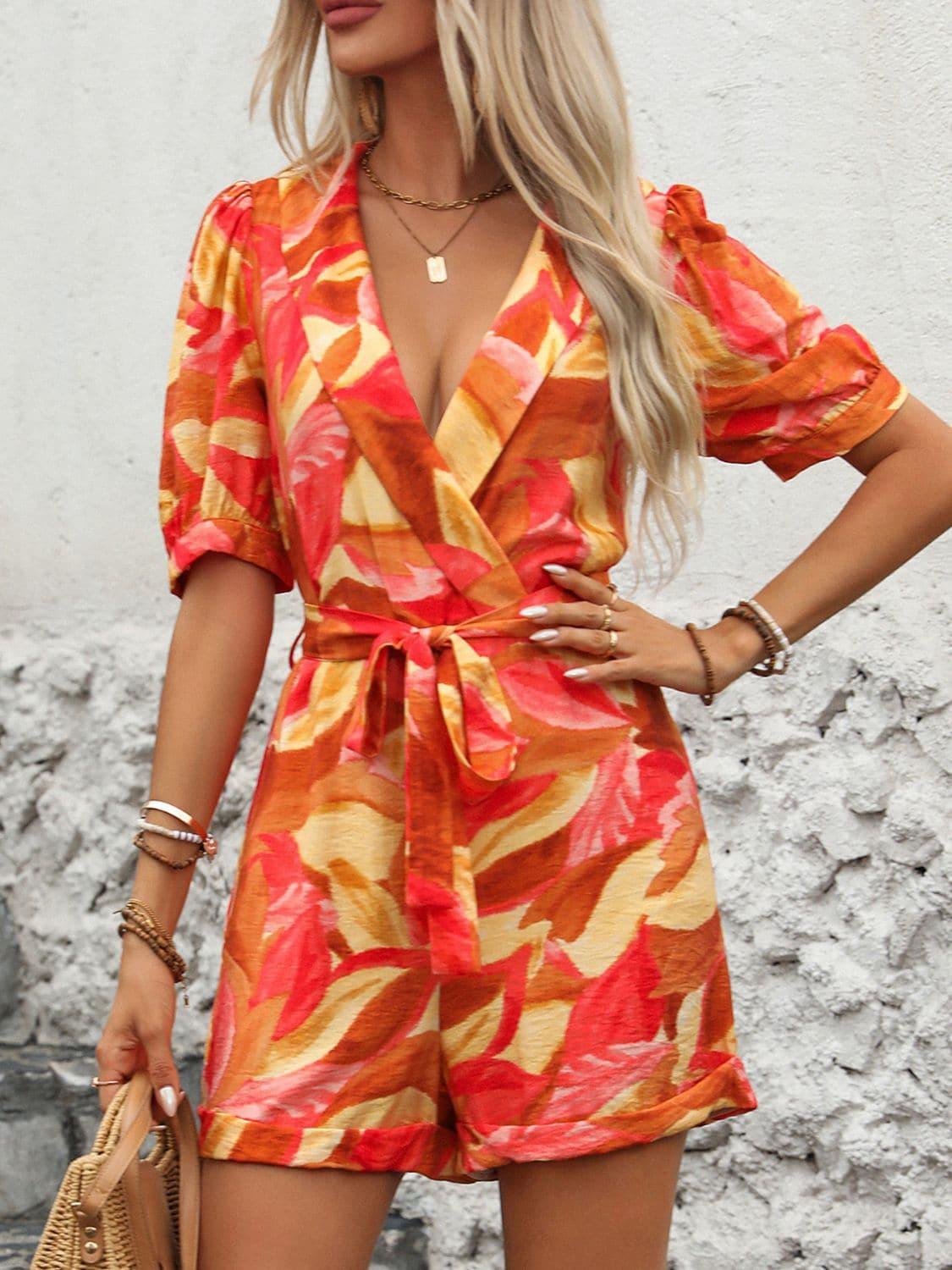 Jenna Printed Surplice Half Sleeve Romper - SwagglyLife Home & Fashion