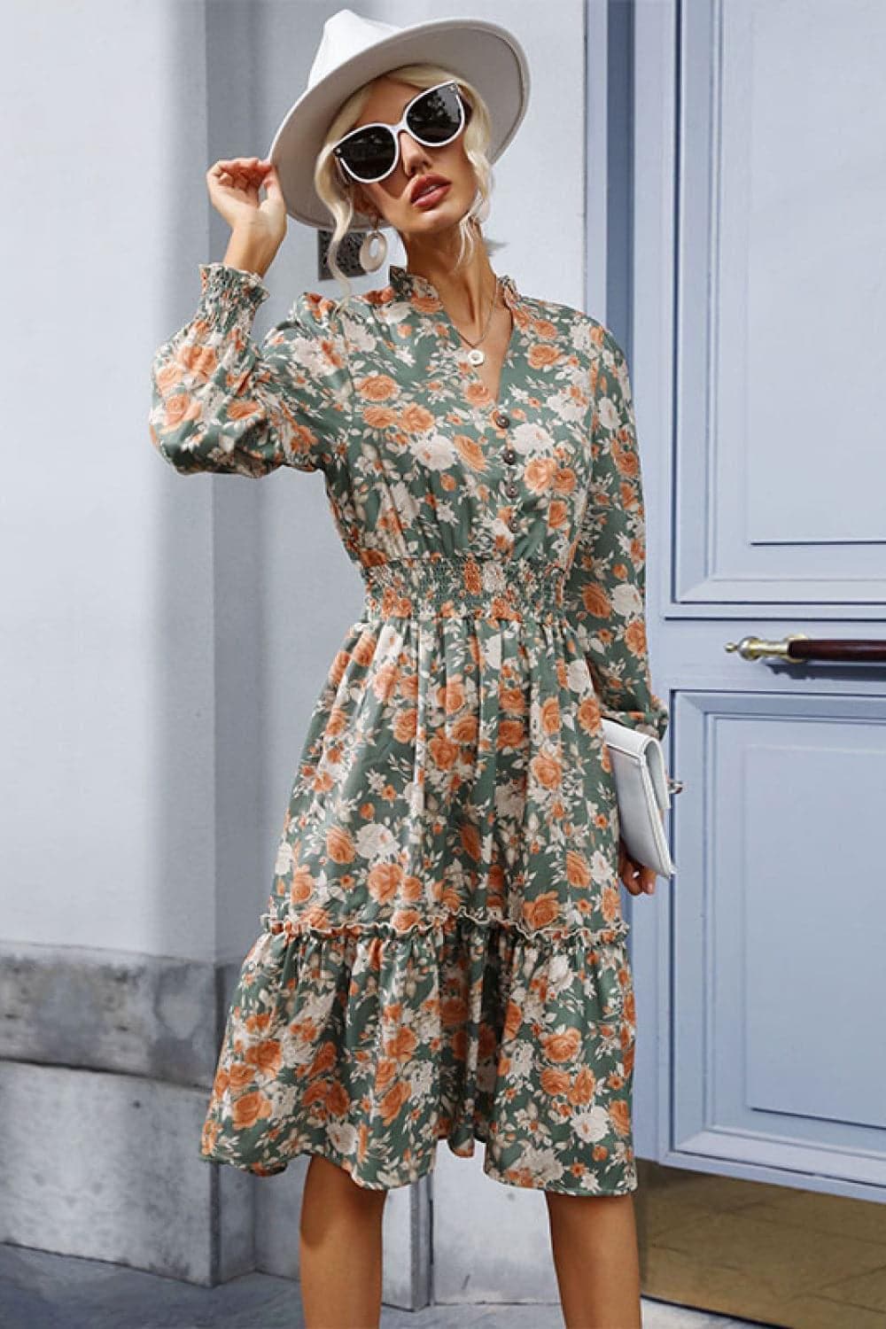 Floral Smocked Decorative Button Dress - SwagglyLife Home & Fashion