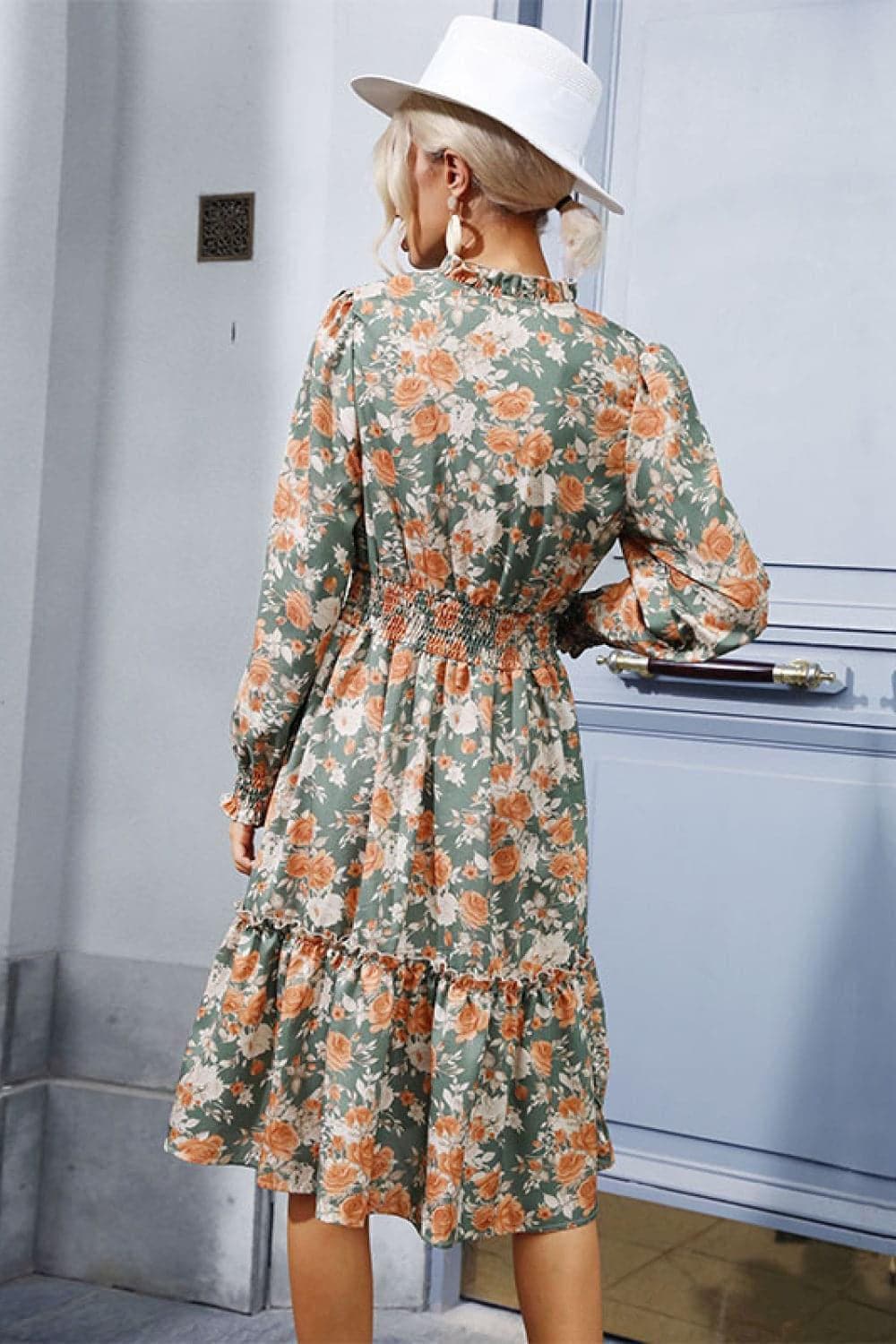 Floral Smocked Decorative Button Dress - SwagglyLife Home & Fashion