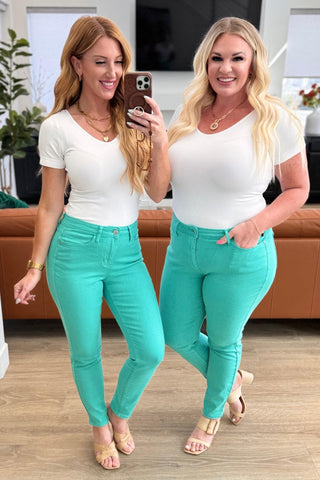 Judy Blue Bridgette High Rise Garment Dyed Slim Jeans in Aquamarine - SwagglyLife Home & Fashion