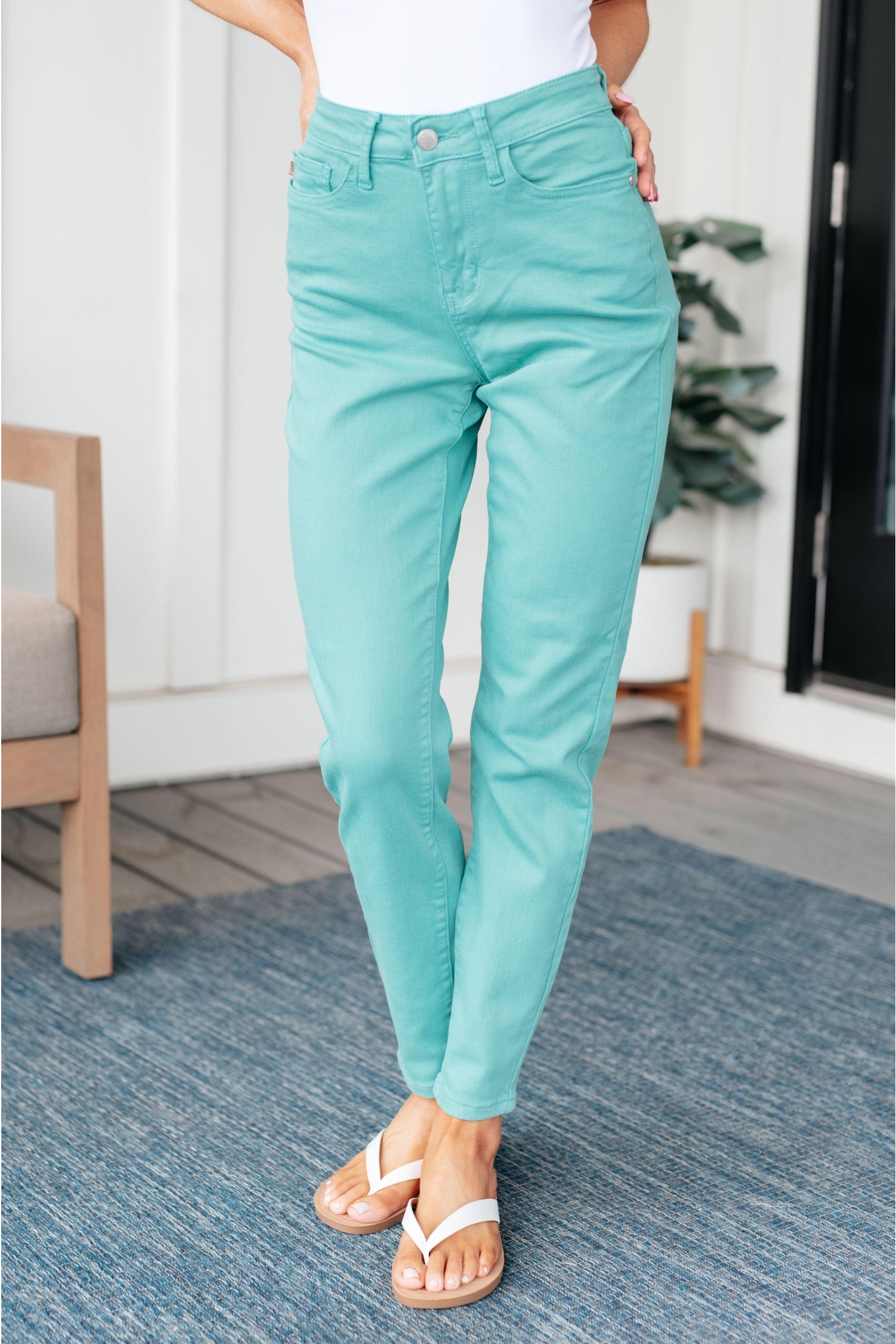 Judy Blue Bridgette High Rise Garment Dyed Slim Jeans in Aquamarine - SwagglyLife Home & Fashion