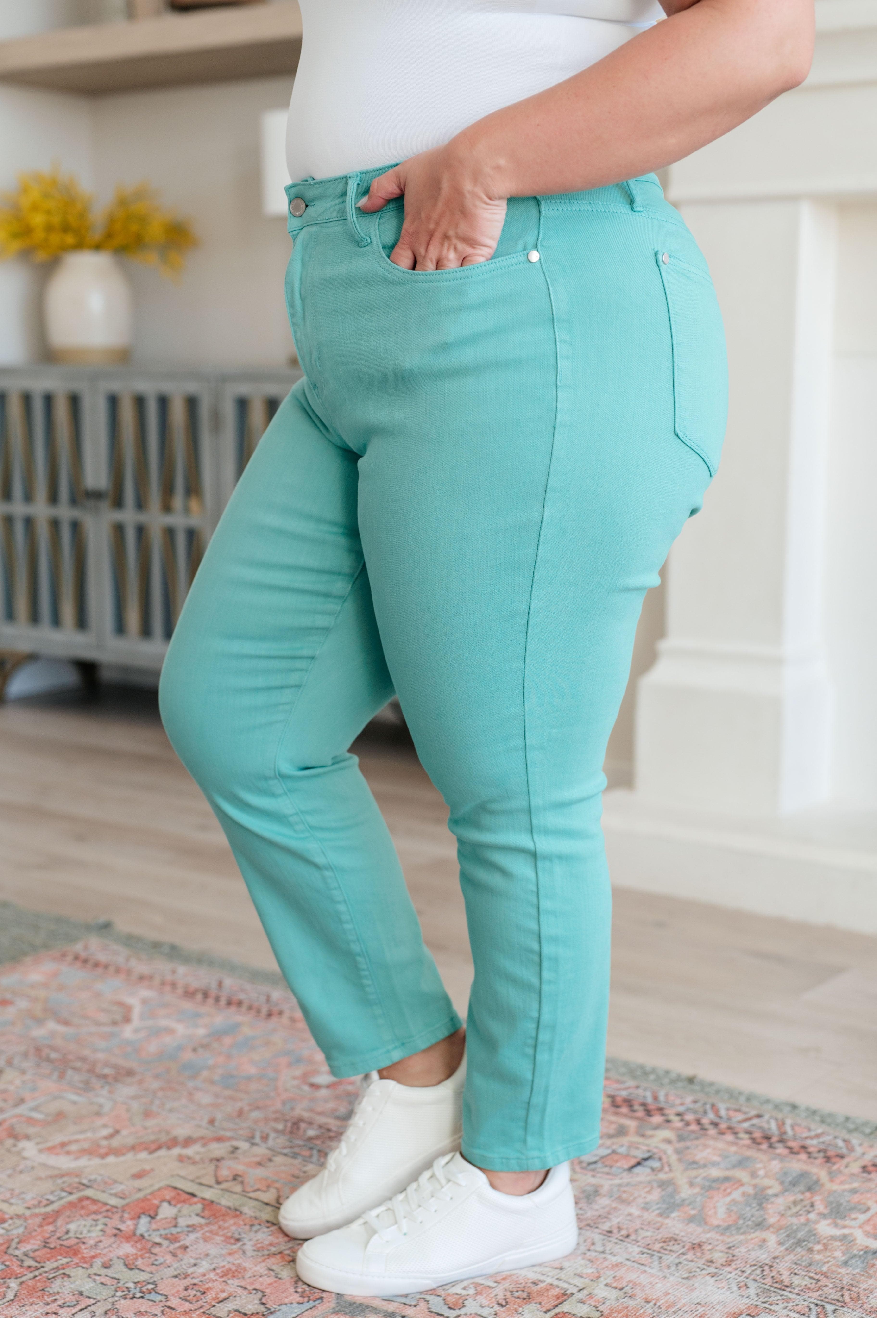 Judy Blue Bridgette High Rise Garment Dyed Slim Jeans in Aquamarine - SwagglyLife Home & Fashion