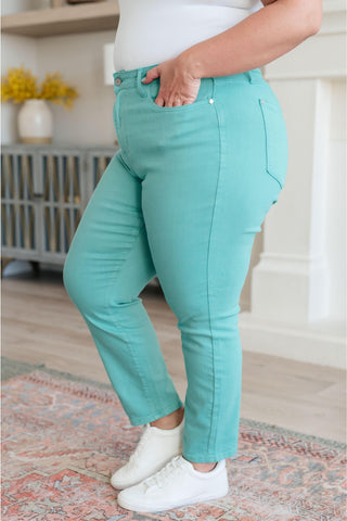 Judy Blue Bridgette High Rise Garment Dyed Slim Jeans in Aquamarine - SwagglyLife Home & Fashion